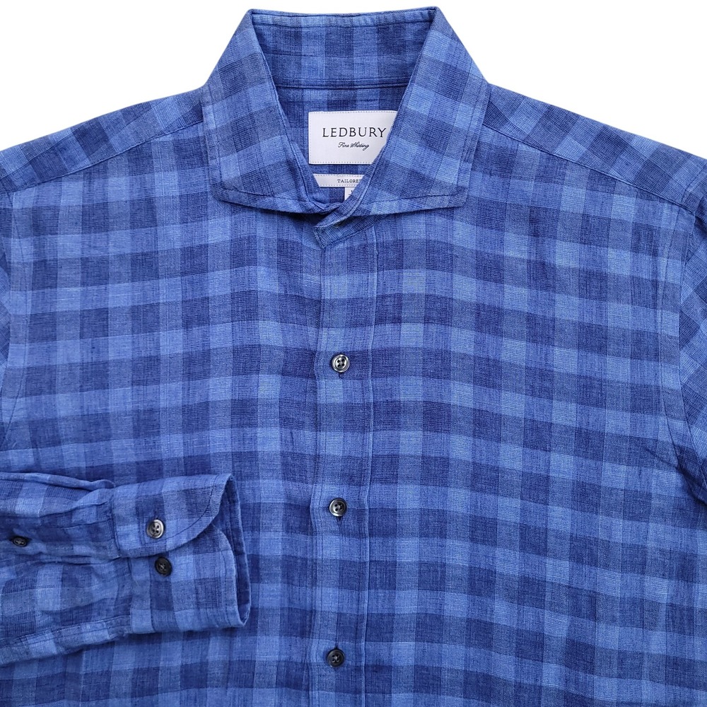 Ledbury Dress Shirt Men 15 34 Blue Gingham Tailored Fit Cotton Linen Long Sleeve